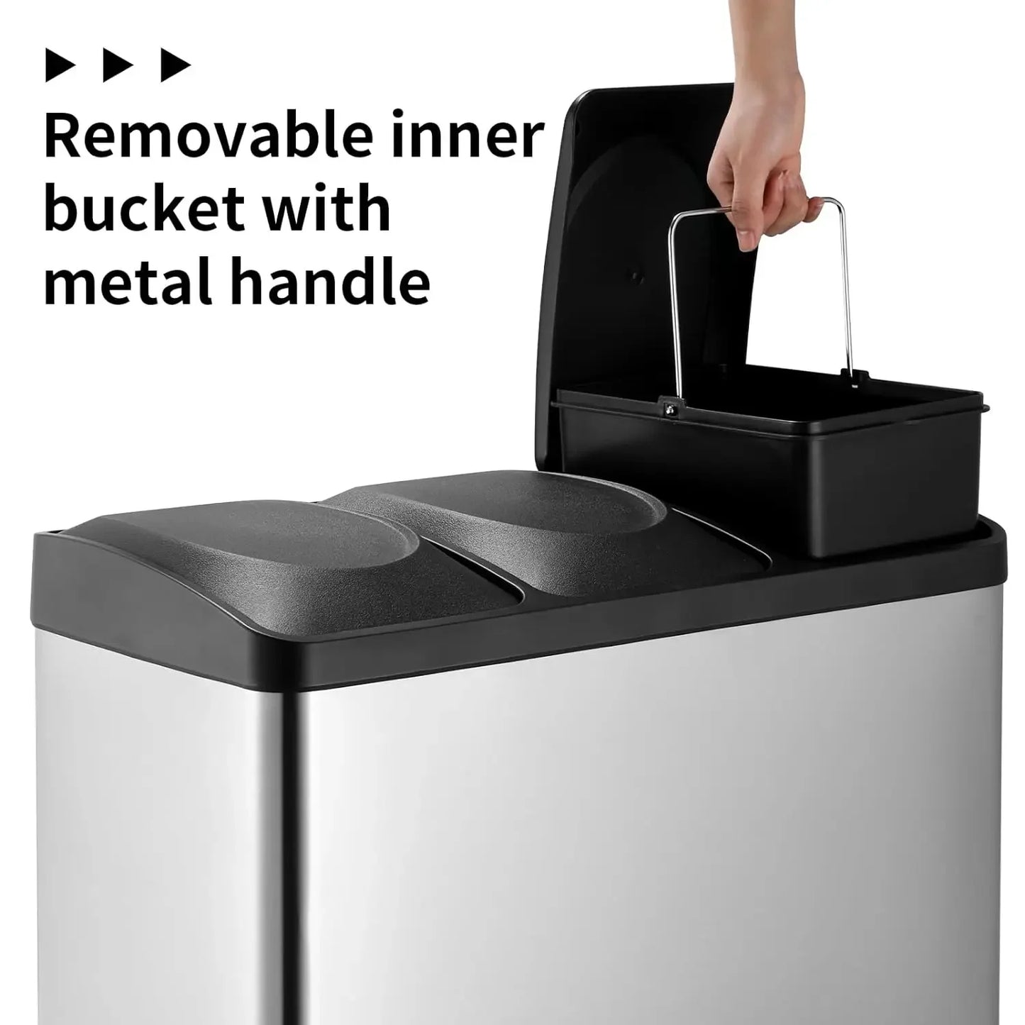 Trash Can, 3 x 8 /3x15L Garbage Can for Kitchen, 3 Compartments, Stainless Steel,Plastic Inner Buckets and Hinged Lids, Airtight