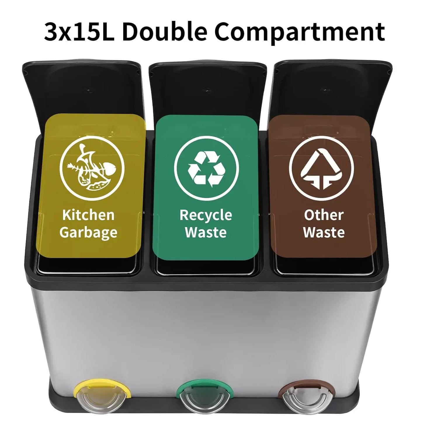 Trash Can, 3 x 8 /3x15L Garbage Can for Kitchen, 3 Compartments, Stainless Steel,Plastic Inner Buckets and Hinged Lids, Airtight