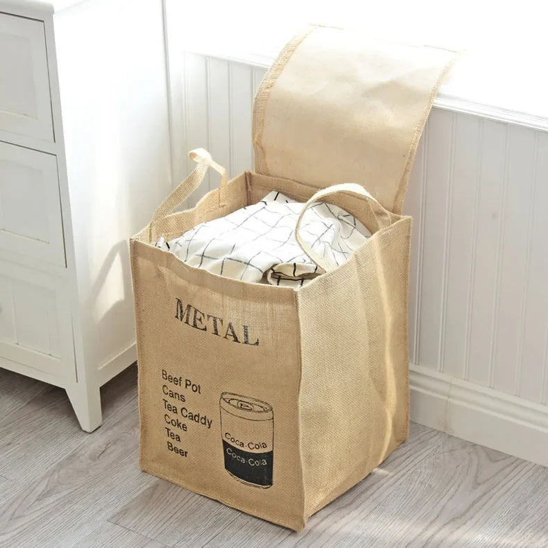 Storage Crate with Lid Folding Jute Basket Portable Bag for Home Stationery Sundries Toys Organizer Laundry Gunnysack with Cover